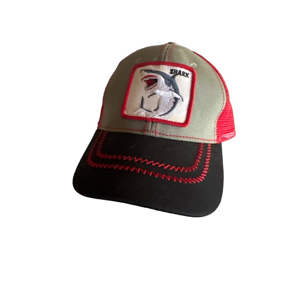 Lucky 7 USA Shark Embroidered Red & Black Trucker Hat Adjustable